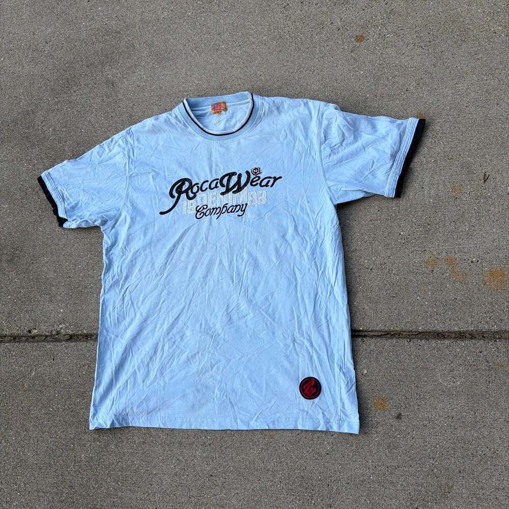 Vintage Rocawear Denim Company Graphic Crew Neck T-Shirt Light Blue 2XL